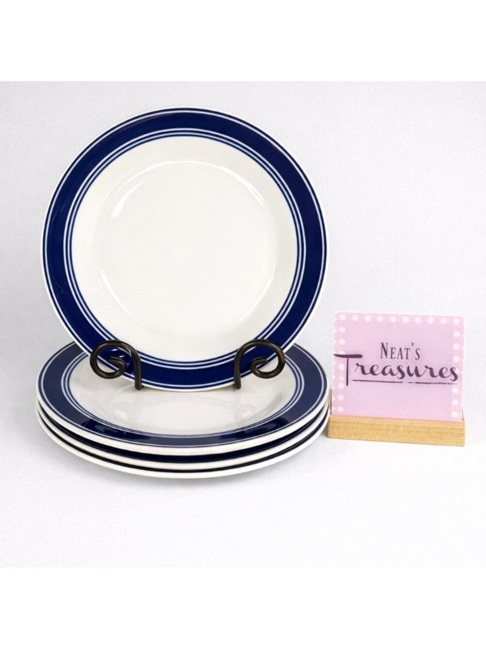 Mainstays CASUAL BANDED COBALT BLUE Rings Stoneware White Dinner Plates Set of 4